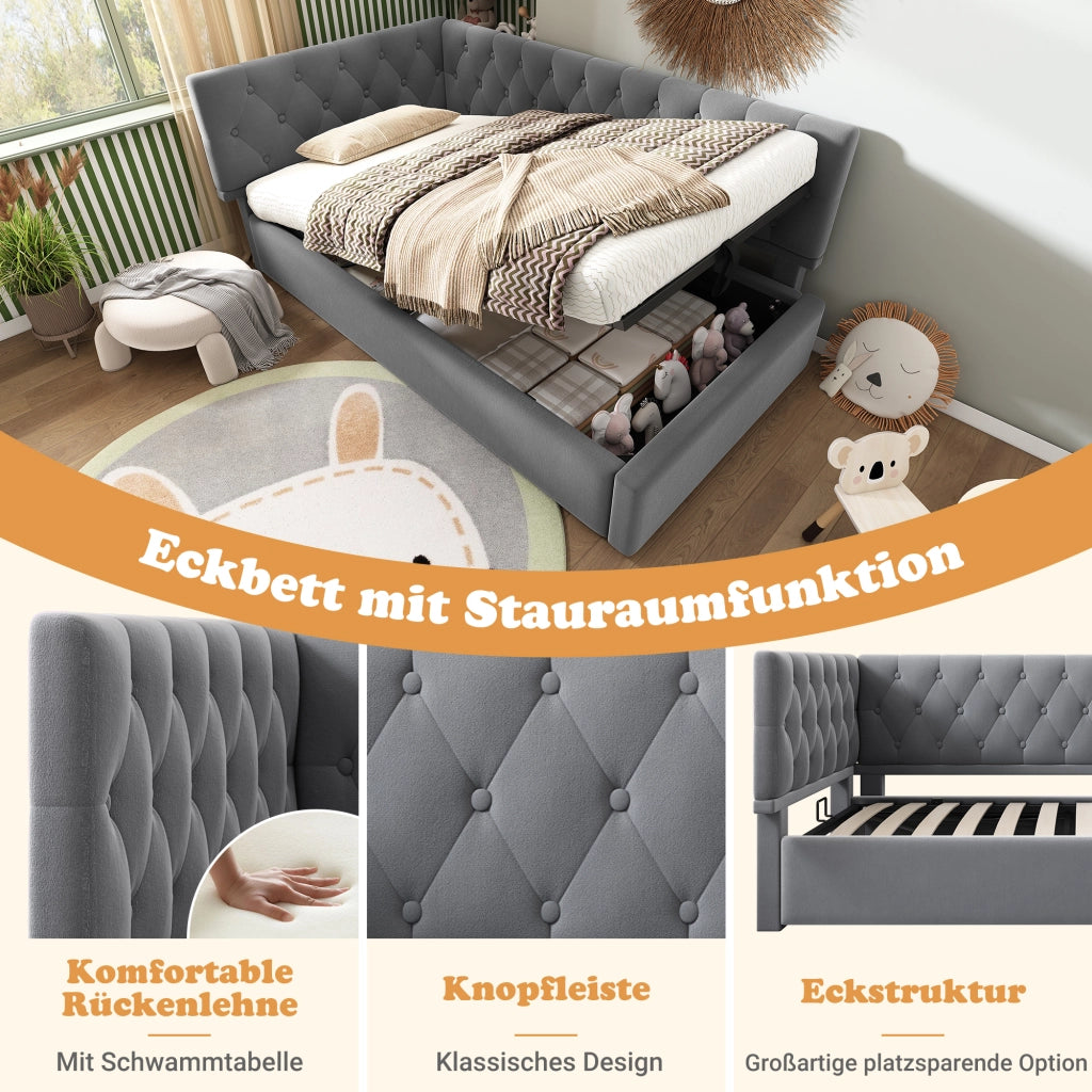 Letto singolo imbottito 90 × 200 cm con vano contenitore idraulico rete a doghe in legno velluto grigio
