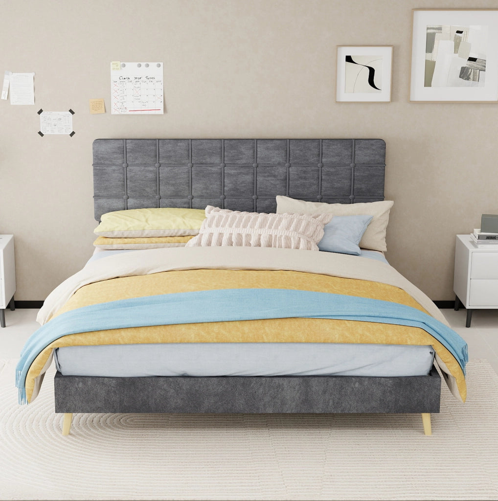Letto matrimoniale grigio scuro in tessuto con testiera imbottita a quadri, 160x200 cm, con materasso incluso