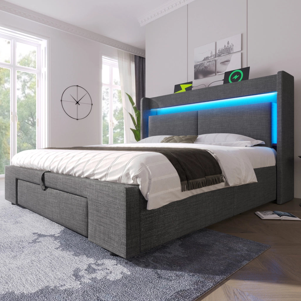 Letto matrimoniale 160 × 200 cm contenitore idraulico in lino grigio con LED USB e USB-C testiera con vani