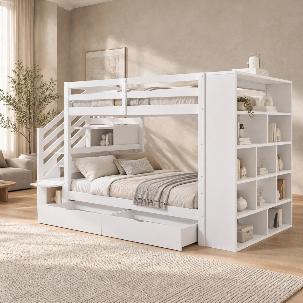 Letto a castello 90x200 bianco in pino con contenitori e 2 materassi