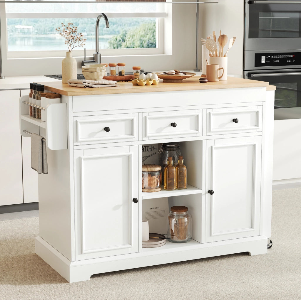 Isola da cucina mobile bianca e naturale con piano estraibile