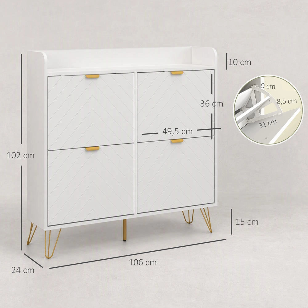 Scarpiera Salvaspazio a 4 Ante a Ribalta con Ripiani Regolabili, Mobile Porta Scarpe con Piedi in Acciaio Bianco 106 x 24 x 102 cm