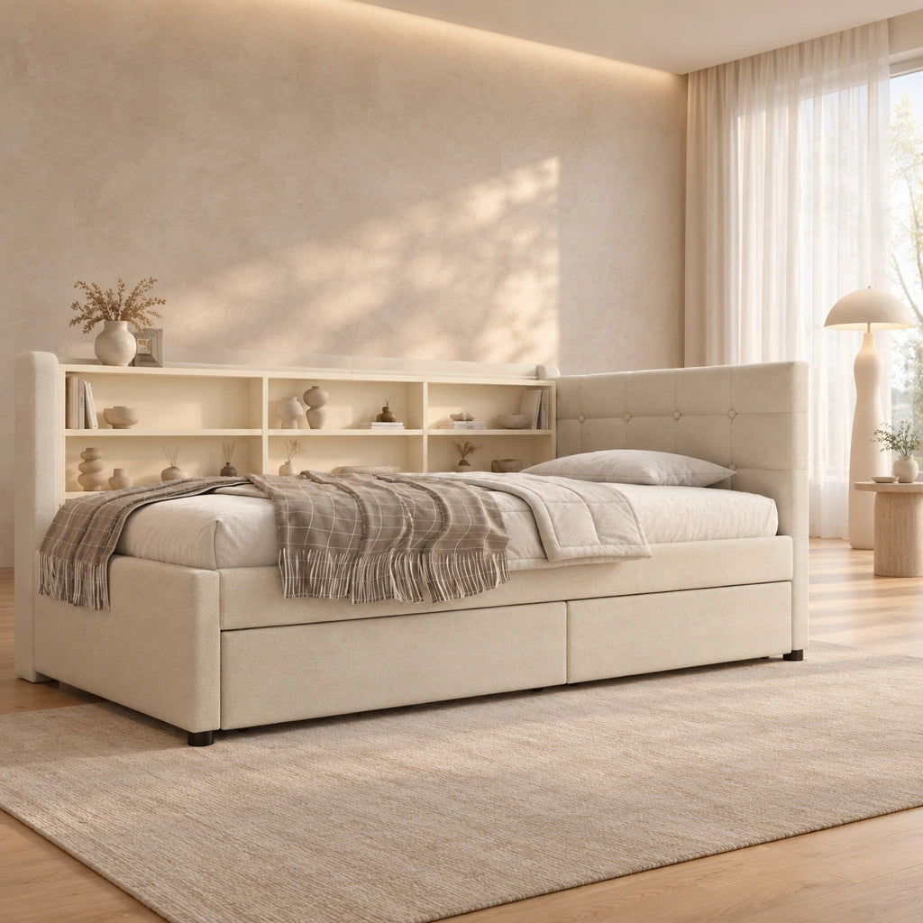 Letto da giorno 90x200 beige in lino con 2 cassetti, USB-C e materasso