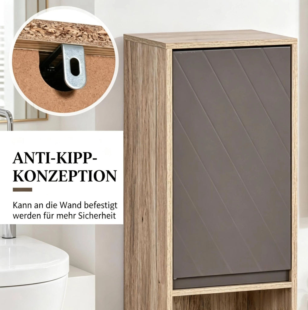Mobile alto e stretto da bagno grigio e rovere con ripiani regolabili