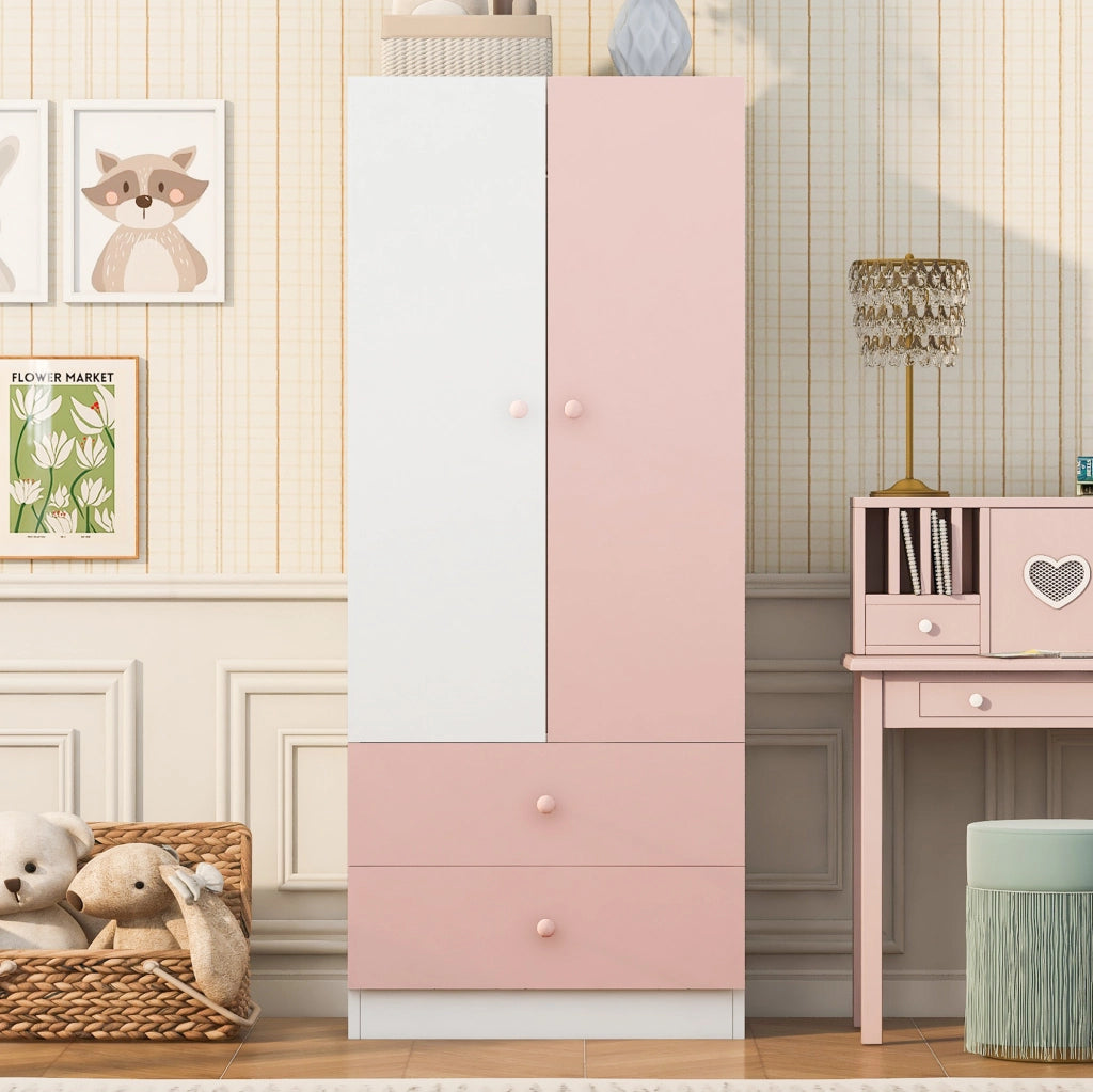 Armadio rosa e bianco 70 x 40 x 170 cm con due cassetti