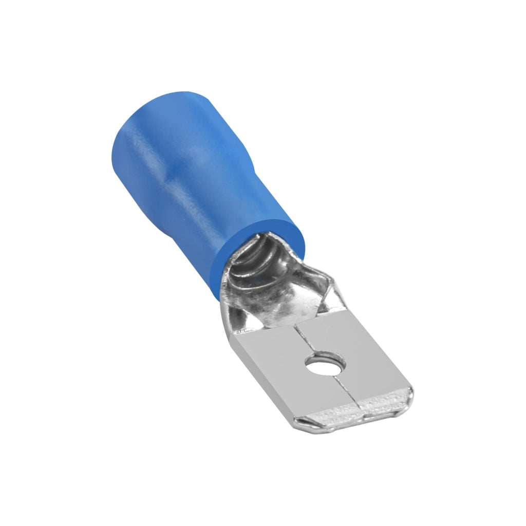 Connettore maschio a lamella piatta, 6,3x0,8 mm, sezione 1,5-2,5 mm², colore blu, confezione da 100 pezzi.