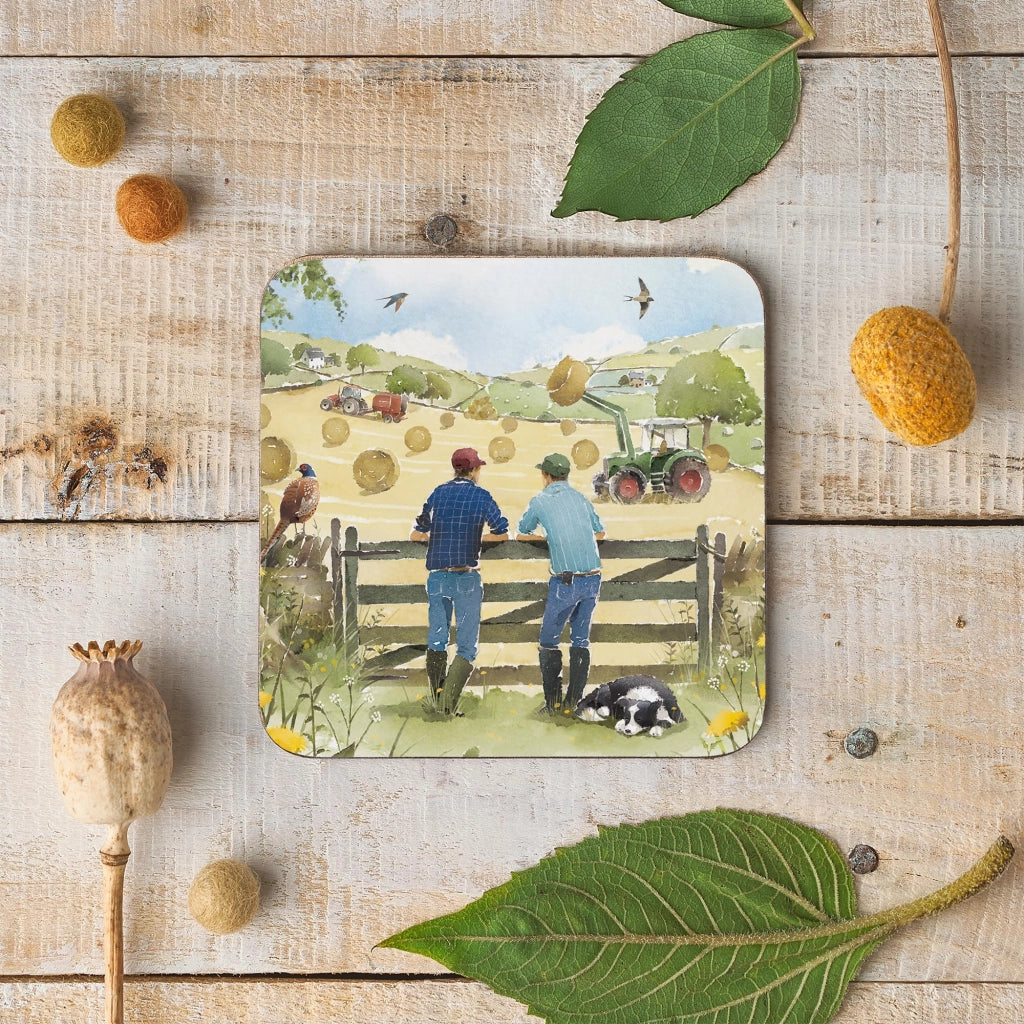 Sottobicchieri con immagini di contadini e trattori, 10 x 10 cm, in sughero
