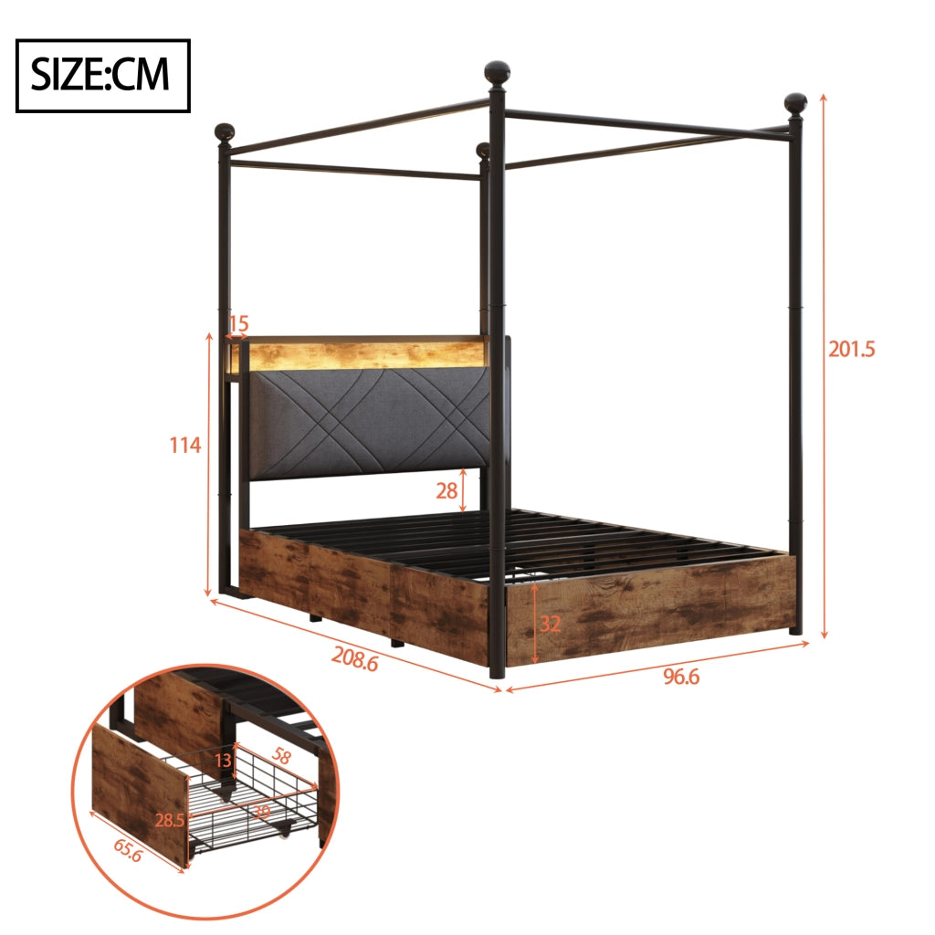 Letto singolo a baldacchino 90x190 nero con due cassetti