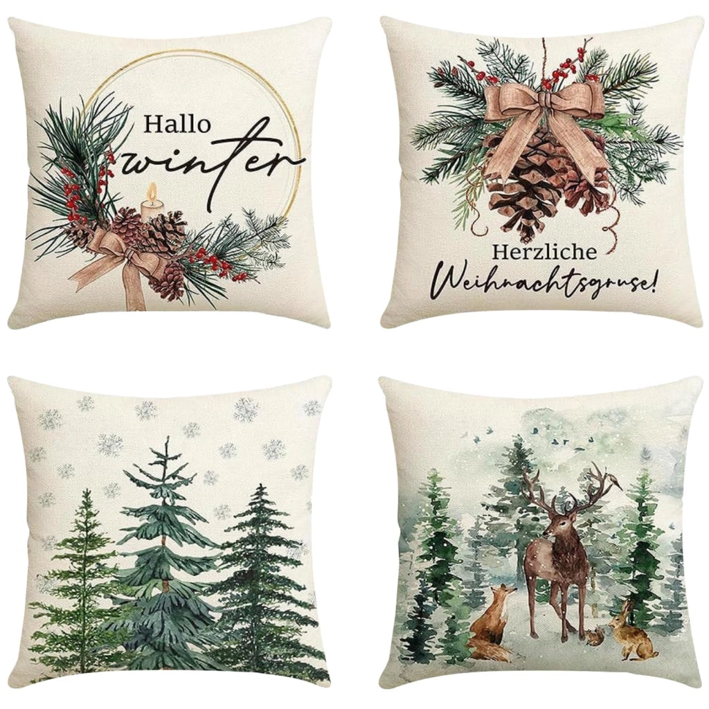 Set di 4 federe natalizie, 45x45 cm, in lino