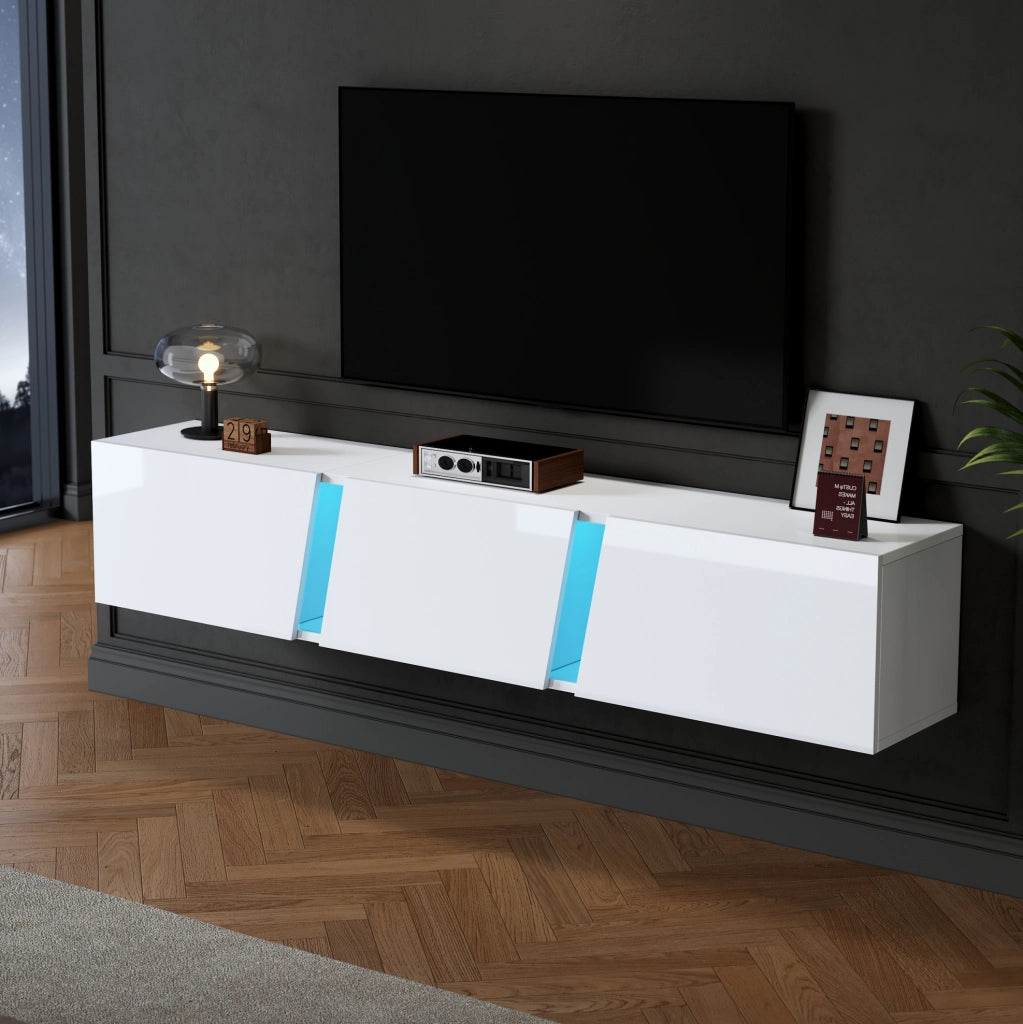 Mobile LED TV Lowboard bianco lucido sospeso 180x35x30 cm con 3 ante per TV fino a 75 pollici