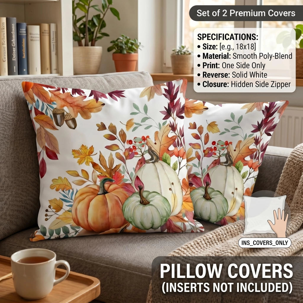 Set di 2 federe per cuscini, 40x40 cm, velluto, motivo autunnale: foglia d'acero e zucca, colore arancione