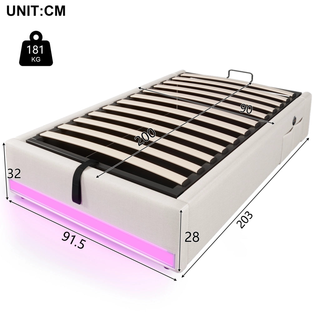 Letto imbottito 90x200 cm in lino con LED, porte USB e Type-C, contenitore idraulico, beige