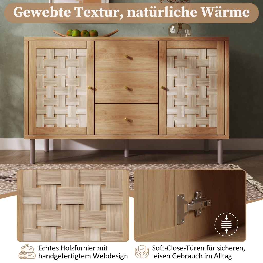Credenza 120 × 40 × 75 cm in MDF color rovere con 2 ante 3 cassetti ripiani regolabili gambe in metallo