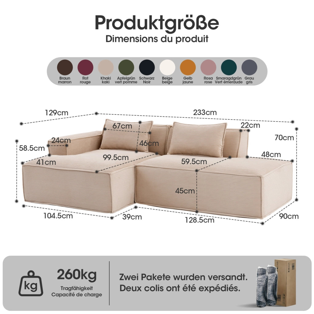 DIVANO 235x129x70 cm in poliestere kaki con seduta a molle insacchettate