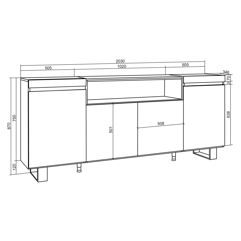 Mobile contenitore a 4 ante, dimensioni 200x87x35 cm, bianco e nero, design moderno