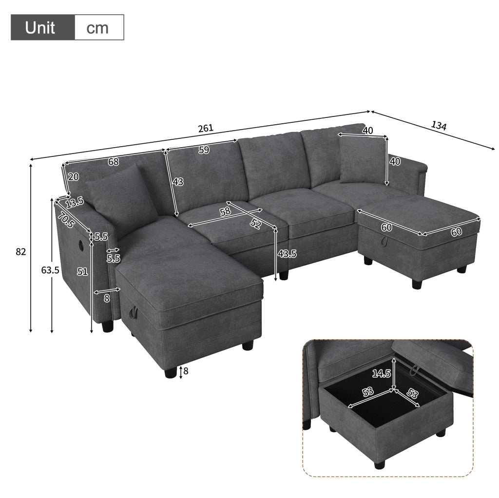 Divano modulare in ciniglia grigio con due pouf contenitore