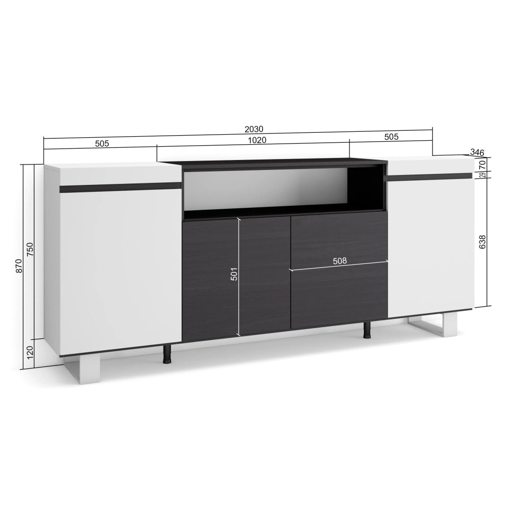 Mobile contenitore a 4 ante, dimensioni 200x87x35 cm, bianco e nero, design moderno