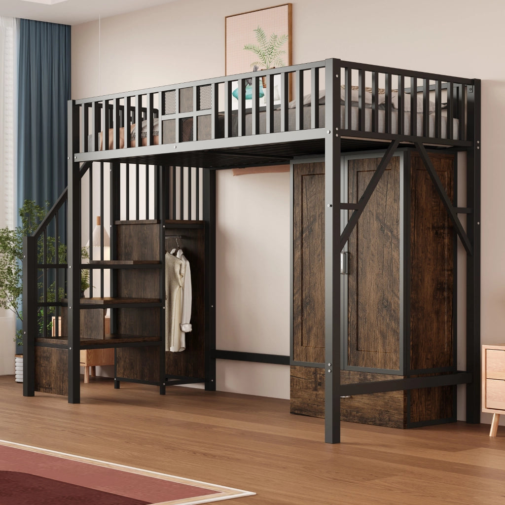 Letto a soppalco con armadio scala contenitore e cassetto in metallo e legno nero