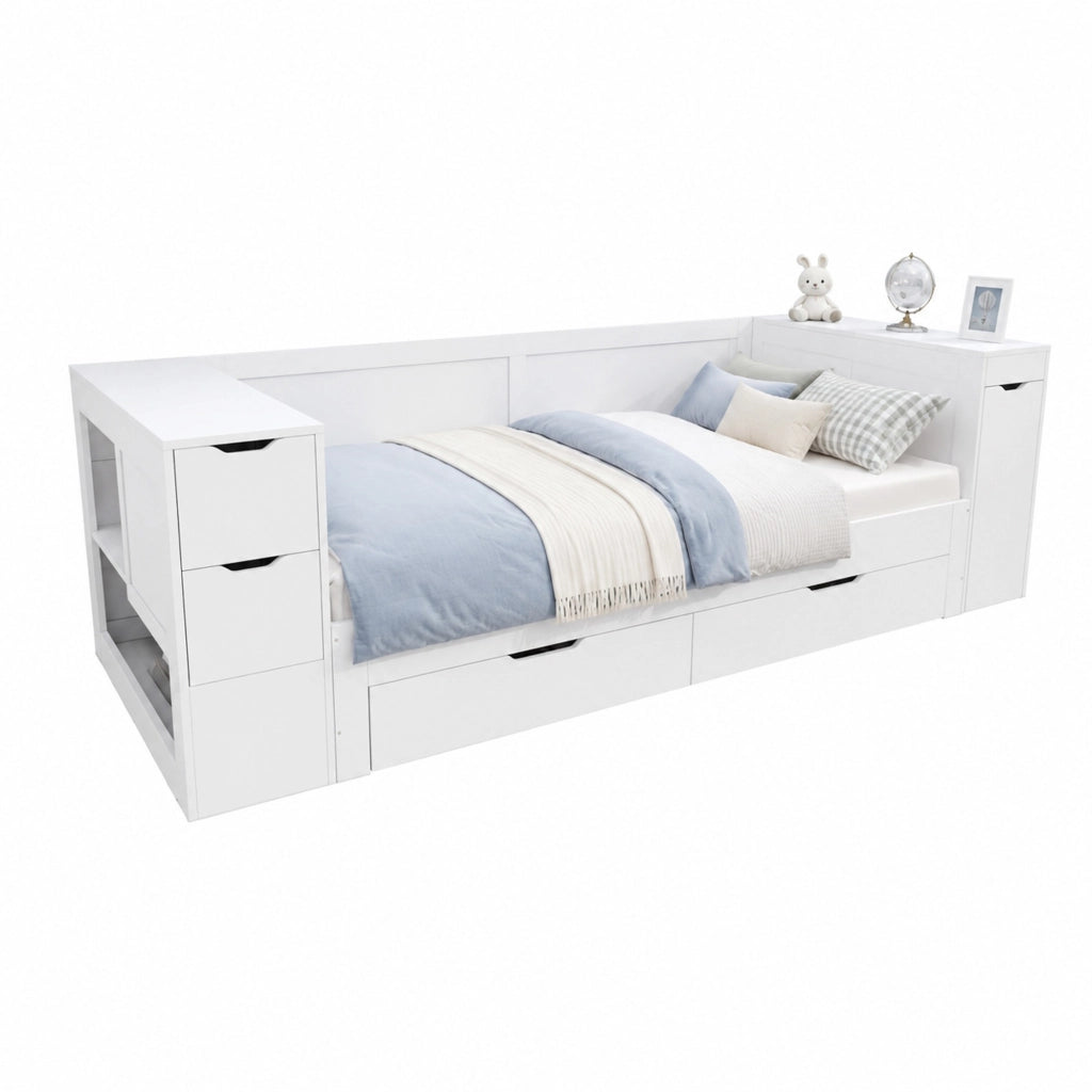 Letto singolo per bambini con cassetti e spazio contenitore, 90 x 190 cm, bianco, materasso non incluso