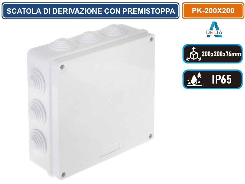 SCATOLA STAGNA DI DERIVAZIONE CON COPERCHIO CON VITI IN METALLO QUADRATA 203X203X76MM CON 12 PASSACAVI Ø 31 mm IP65