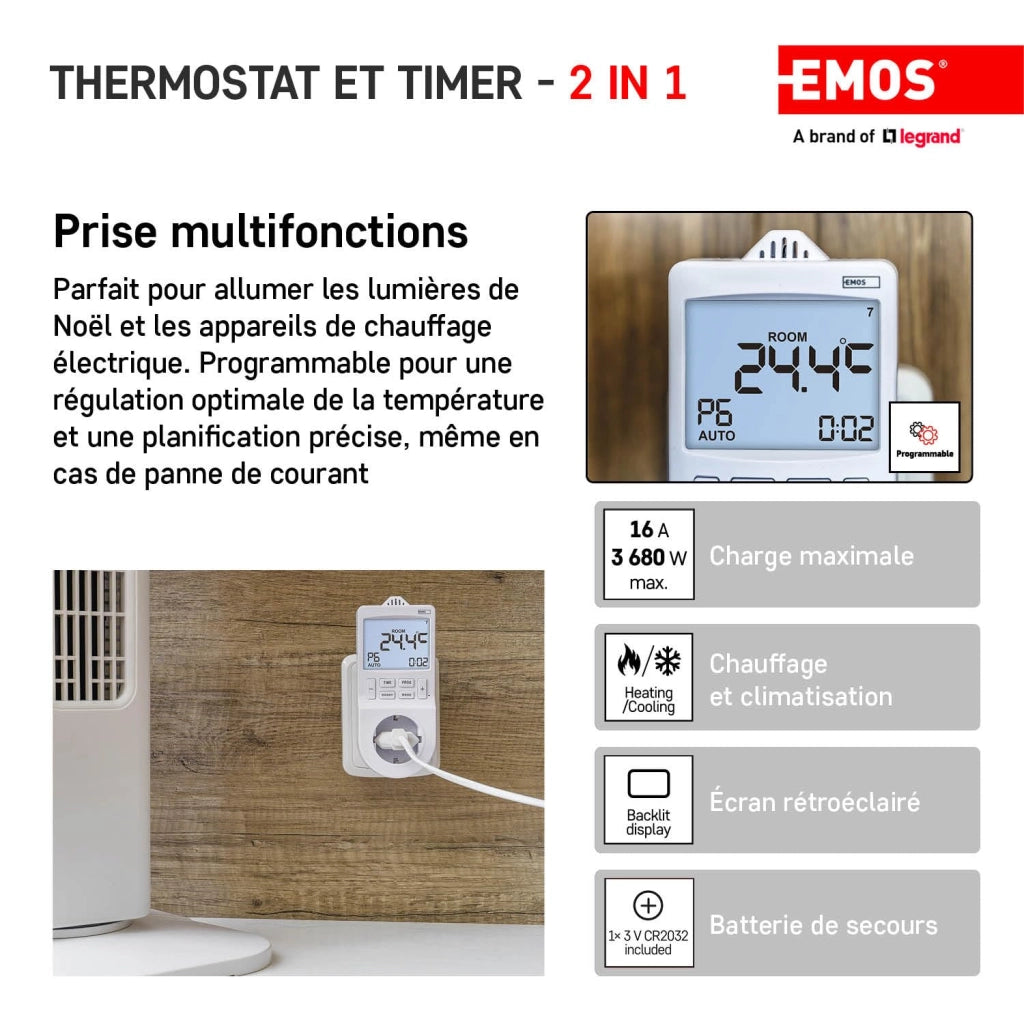 Termostato e timer 2-in-1 per prese, digitale, per riscaldamento/raffreddamento