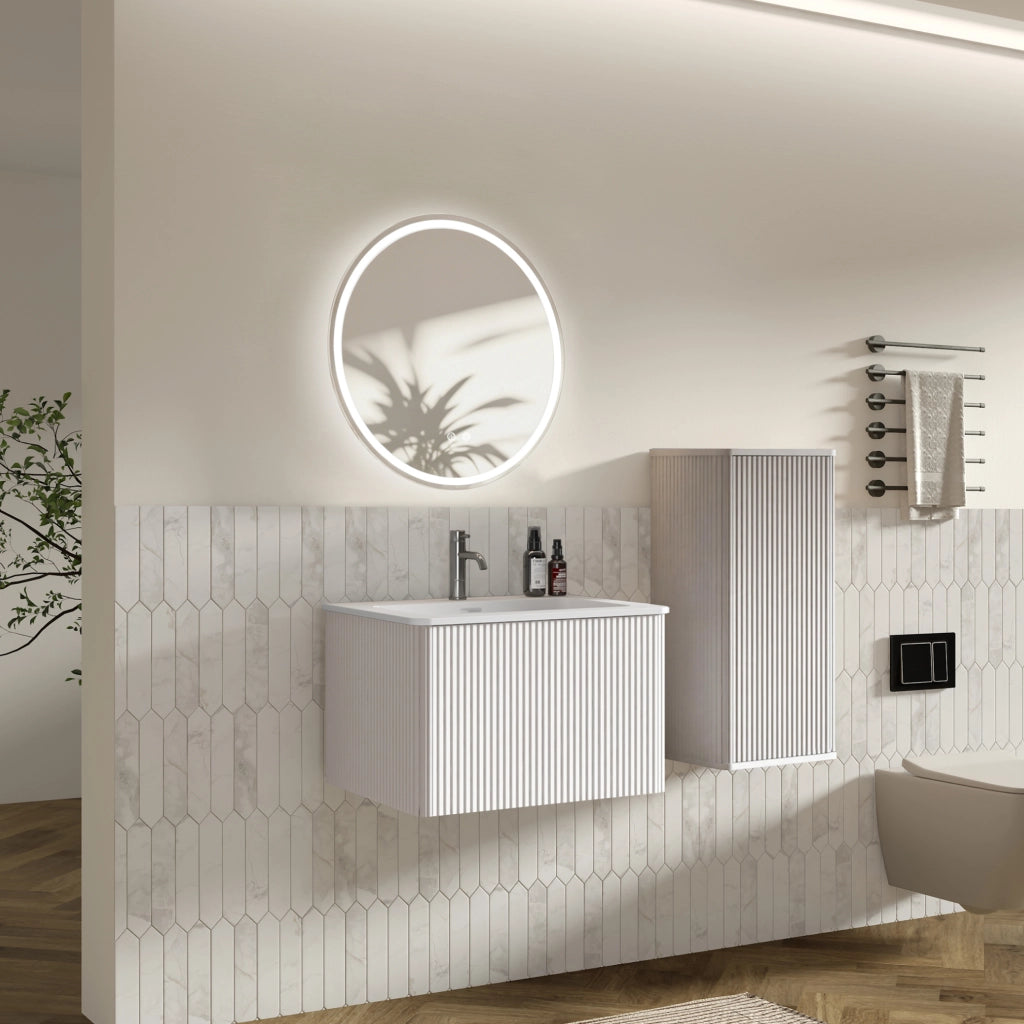 Mobile bagno 60 cm bianco con lavabo e specchio LED rotondo, sospeso