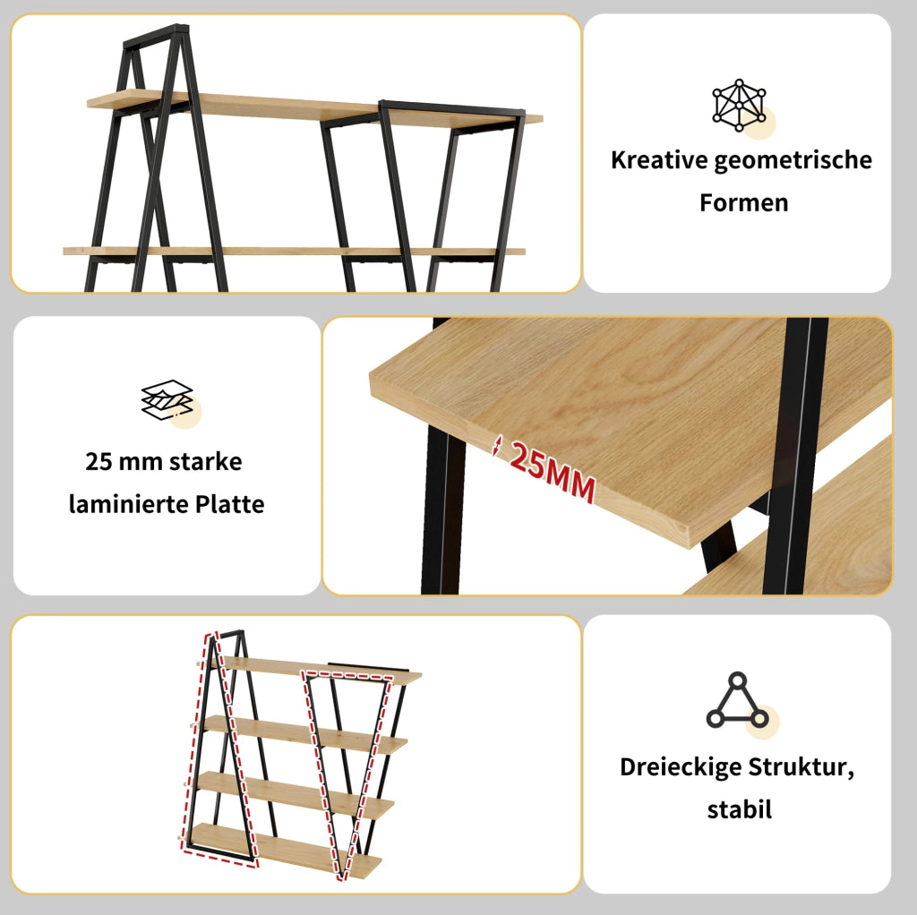 Libreria aperta geometrica 158x35x166 cm in MDF nero e legno, 4 ripiani