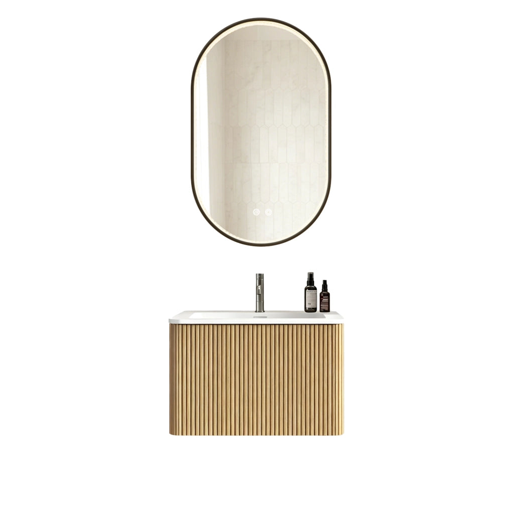 Mobile bagno sospeso con lavabo integrato in pietra sintetica, armadietto rigato con cassetto 60 cm e specchio ovale 50×80 cm a LED con antiappannamento, colore rovere