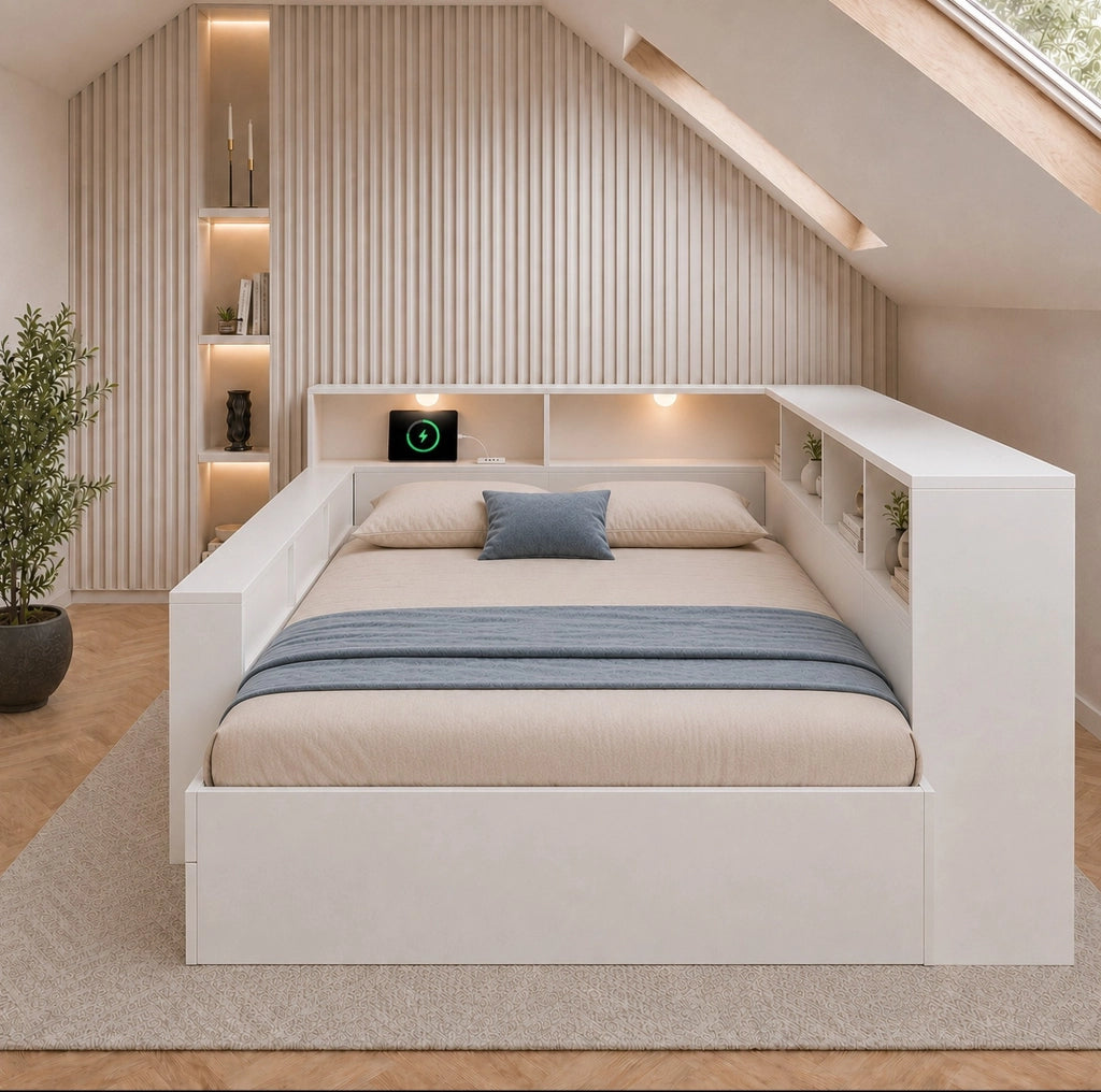 Letto con contenitore 140 x 190 cm bianco con luci e prese di ricarica