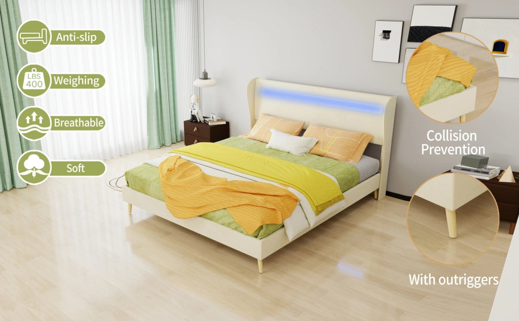 Letto Moderno Imbottito 160x200 cm con Testiera LED Integrata, Beige, Struttura Bassa Senza Contenitore, Materasso Incluso