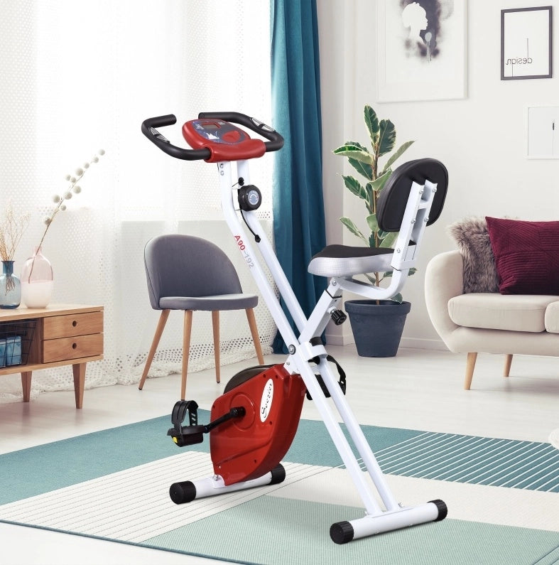 Cyclette pieghevole a resistenza magnetica 8 livelli rossa e bianca con LCD