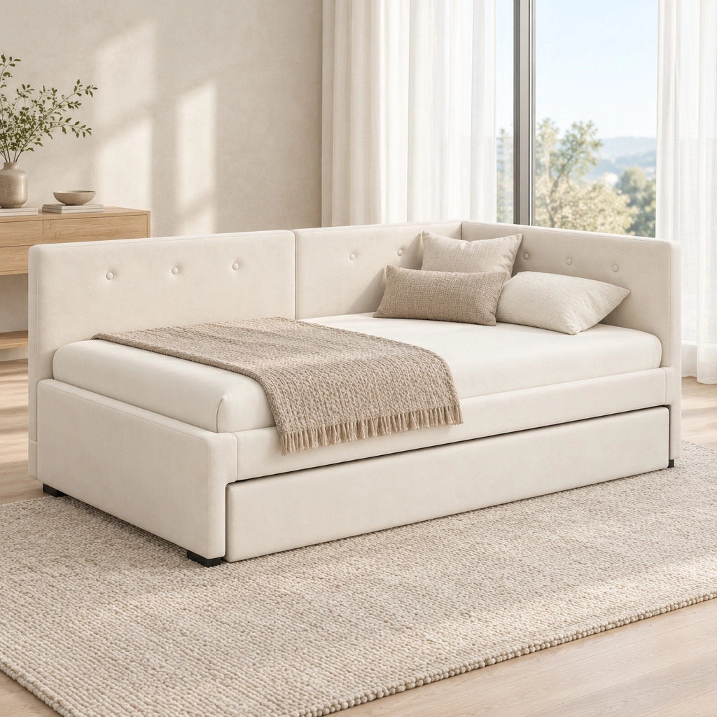 Letto singolo 90x200 beige in velluto con estraibile e materasso