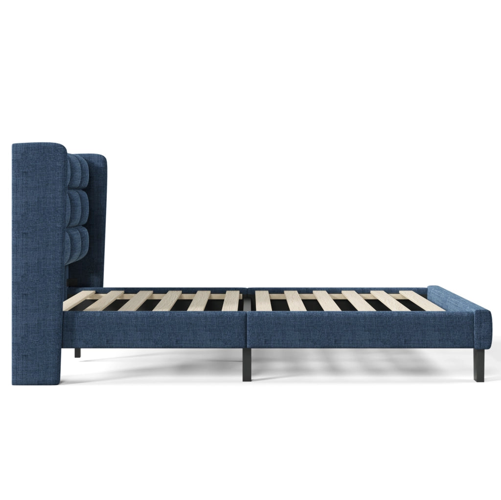 Letto Singolo Moderno con Testiera Imbottita, Rete a Doghe 90x200 cm, Tessuto Blu Lino, Montaggio Incluso, Senza Materasso