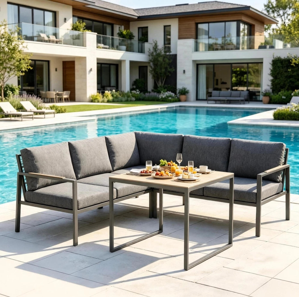 Set salotto da giardino a L 5 posti con tavolino, grigio scuro