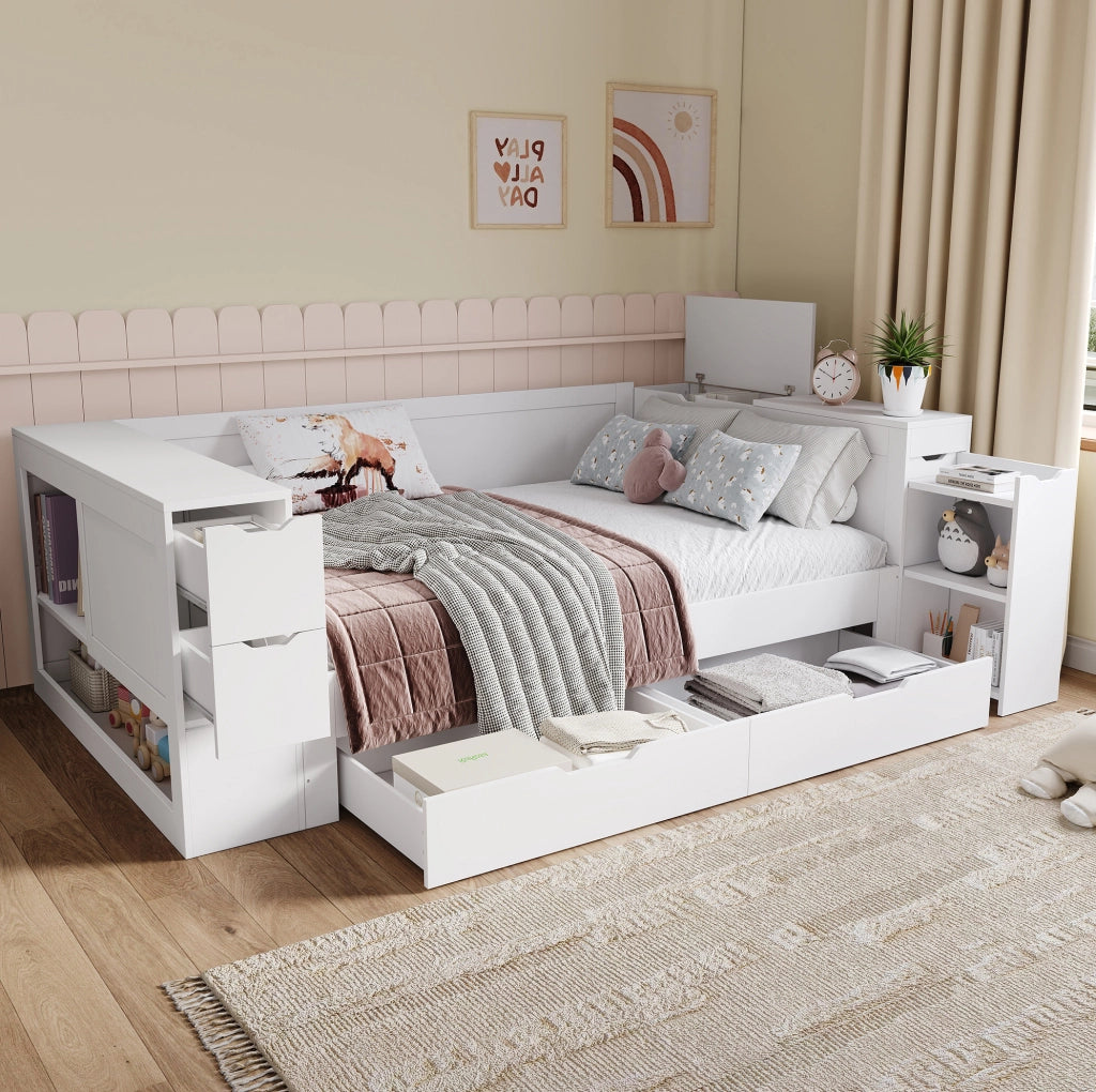 Letto singolo per bambini con cassetti e spazio contenitore, 90 x 190 cm, bianco, materasso non incluso