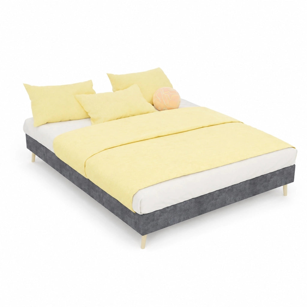 Letto matrimoniale 140x200 cm con testiera geometrica in tessuto e metallo; grigio