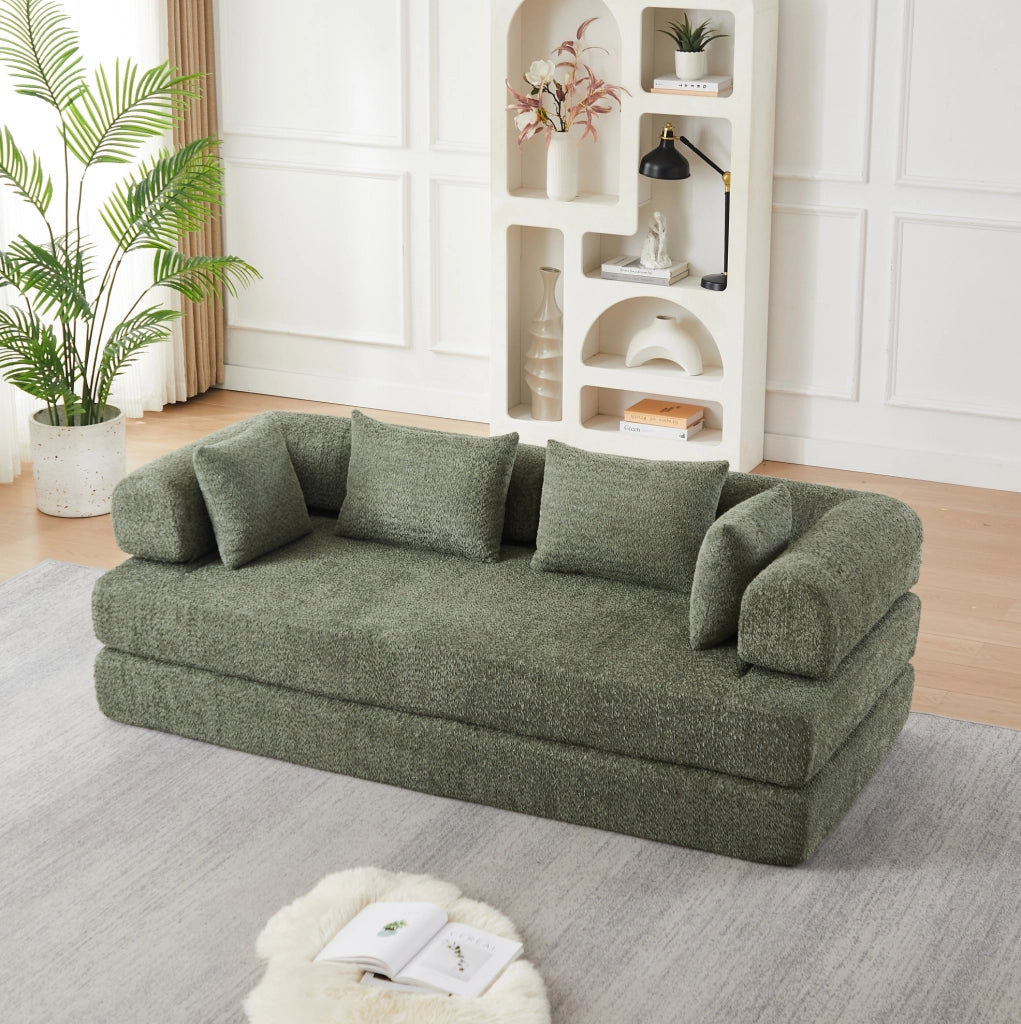 Divano letto modulare 4 in 1 in ciniglia verde con 4 cuscini