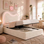 Letto singolo imbottito beige 90x200 cm con LED e contenitore