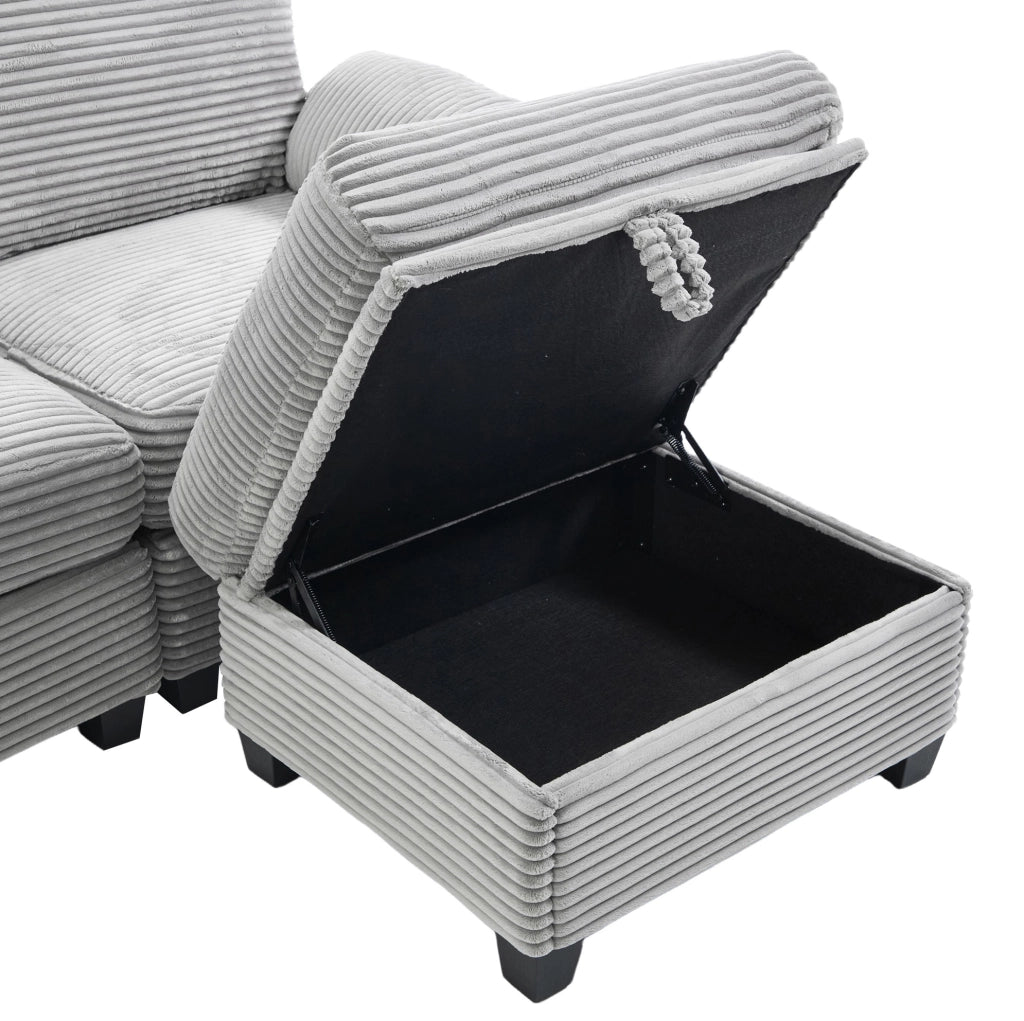 Divano ULEVR 266x136x82 cm in velluto a coste grigio chiaro, con console scorrevole, USB-C e pouf contenitore