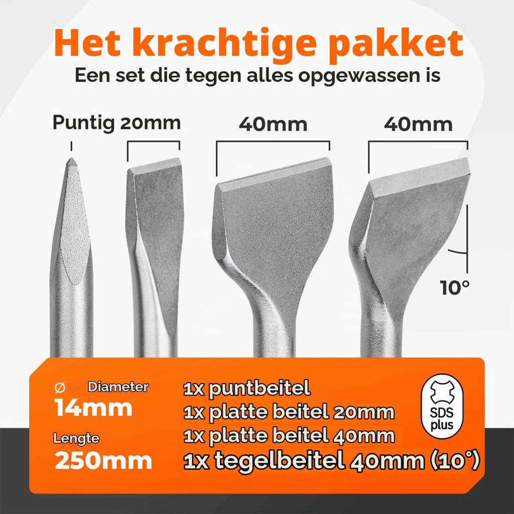 Set di scalpelli SDS-Plus, 4 pezzi, 250 mm, scalpelli dritti e obliqui per cemento e muratura, utensile robusto, lunga durata
