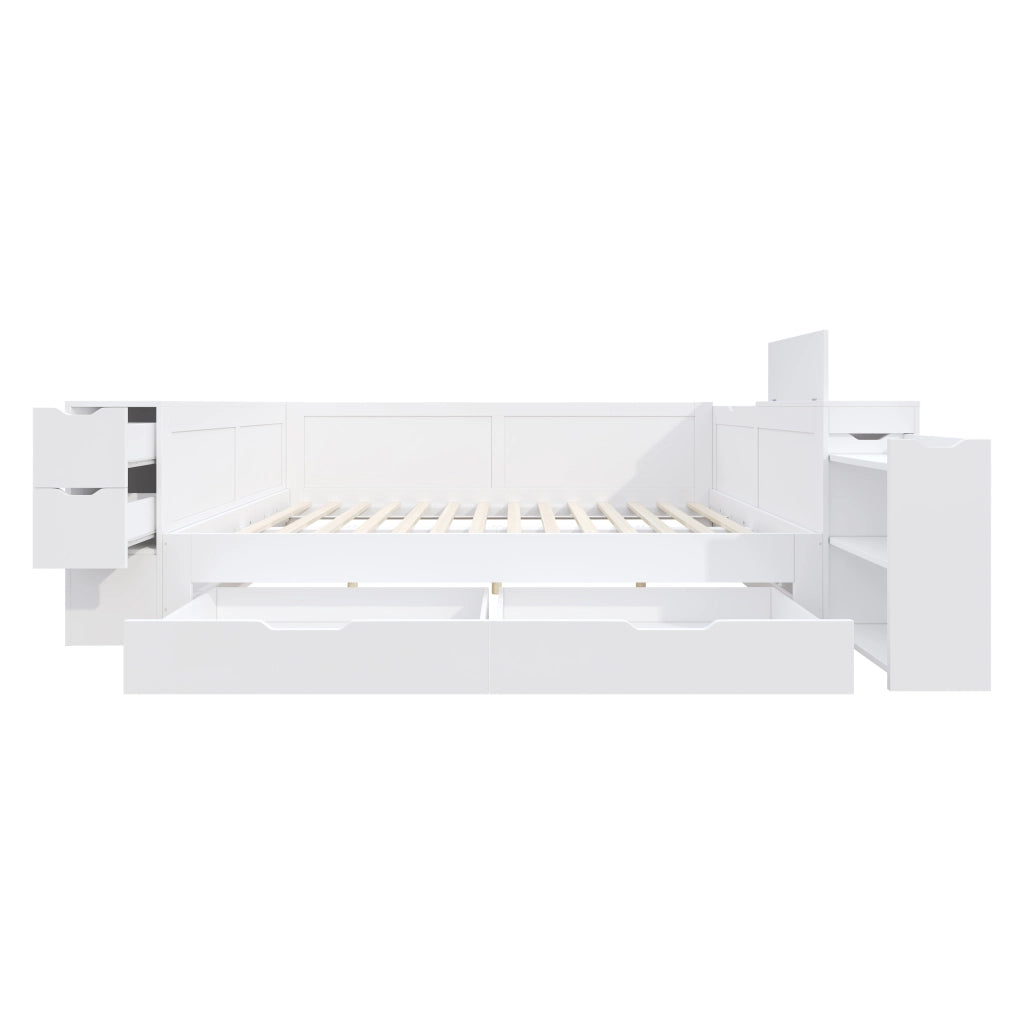 Letto contenitore 140x200 cm in MDF bianco con cassetti; armadietti e comodino integrato