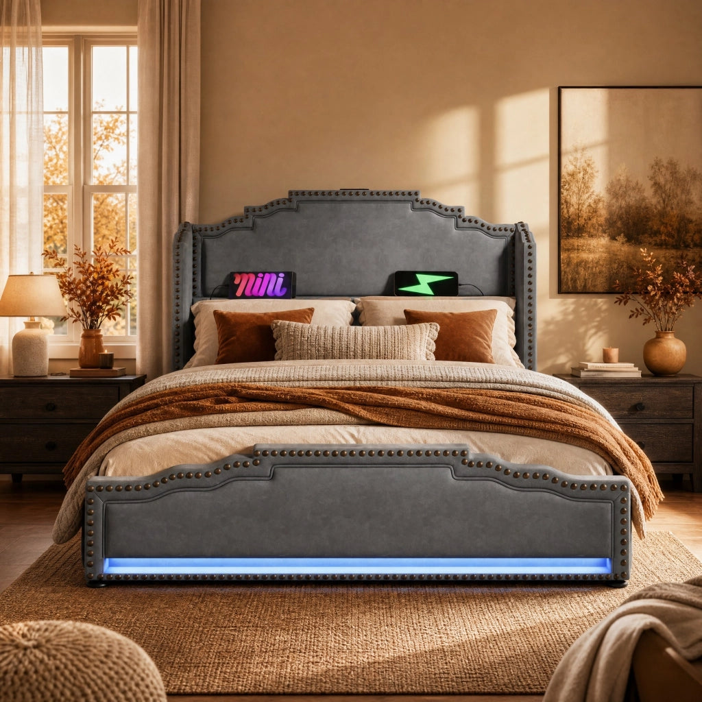 Letto matrimoniale 140 × 200 cm con quattro cassetti LED e porte USB e USB-C in velluto grigio con rete a doghe