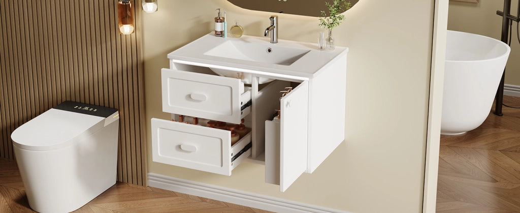 Mobile bagno sospeso bianco 76x46x51 cm con lavabo in ceramica integrato e illuminazione LED a sensore radar