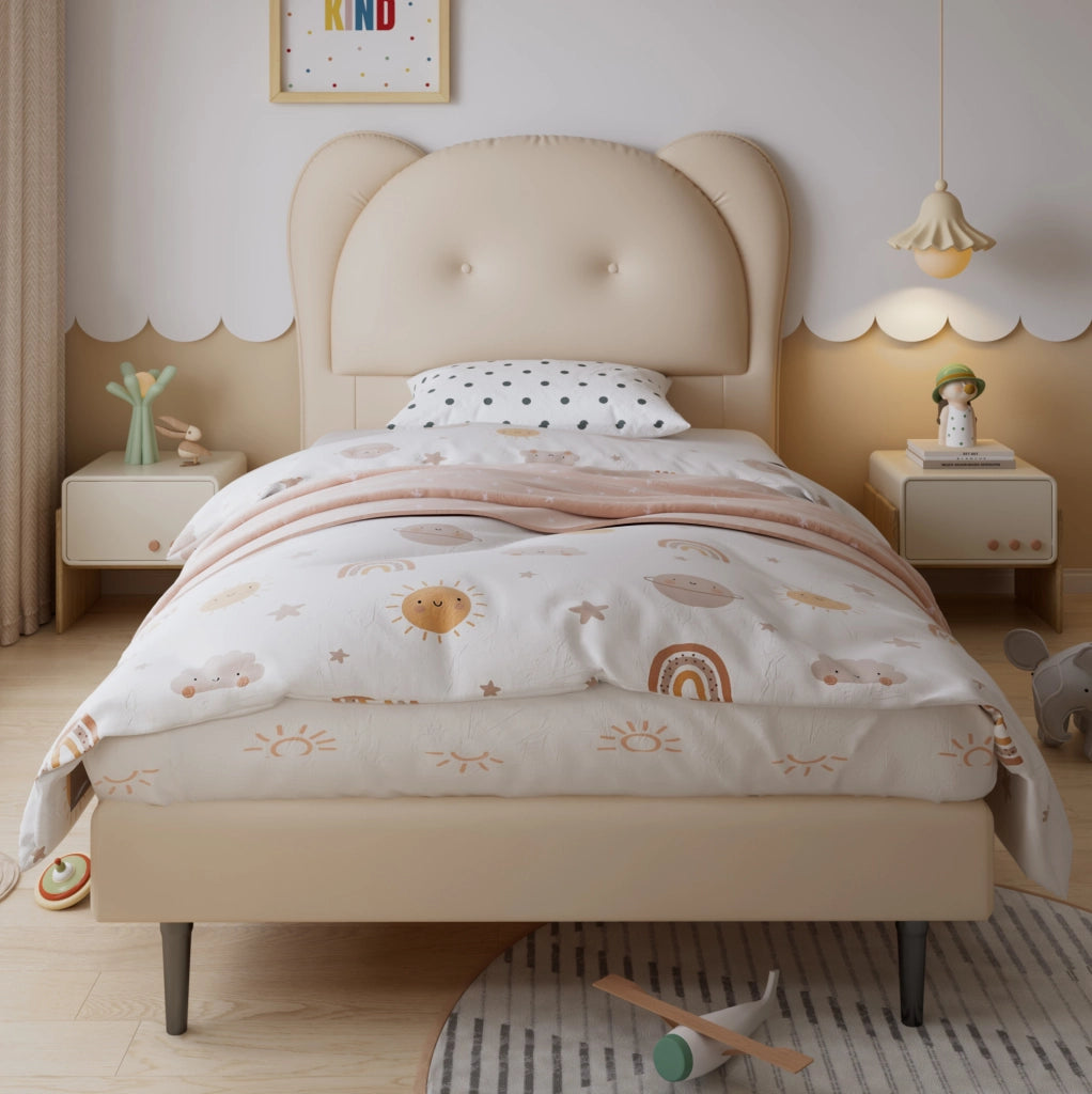Letto singolo imbottito per bambini 90x200 cm con testiera animale in PU beige