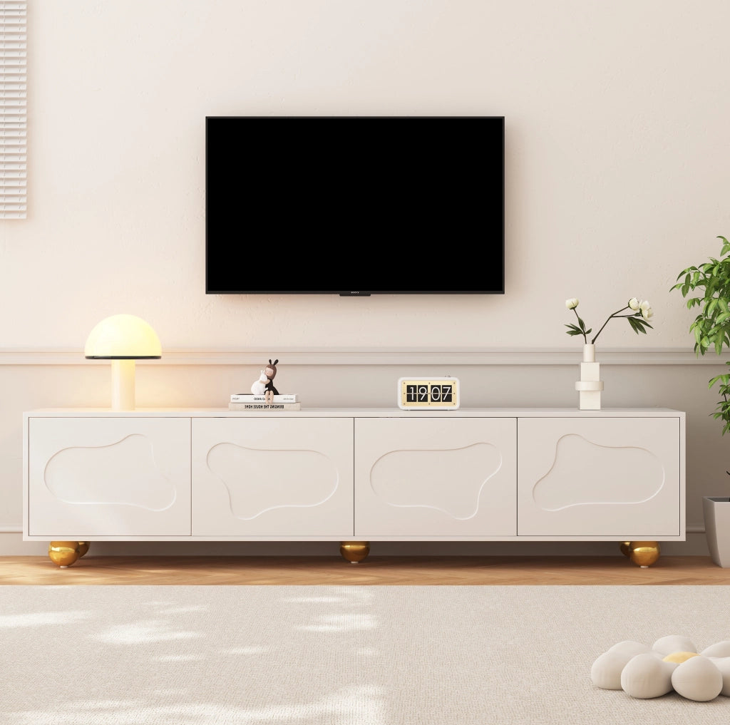 Mobile TV in legno laminato bianco caldo 180x40x45 cm con 2 armadietti e 5 piedi, porta TV a forma di nuvola per TV fino a 75 pollici