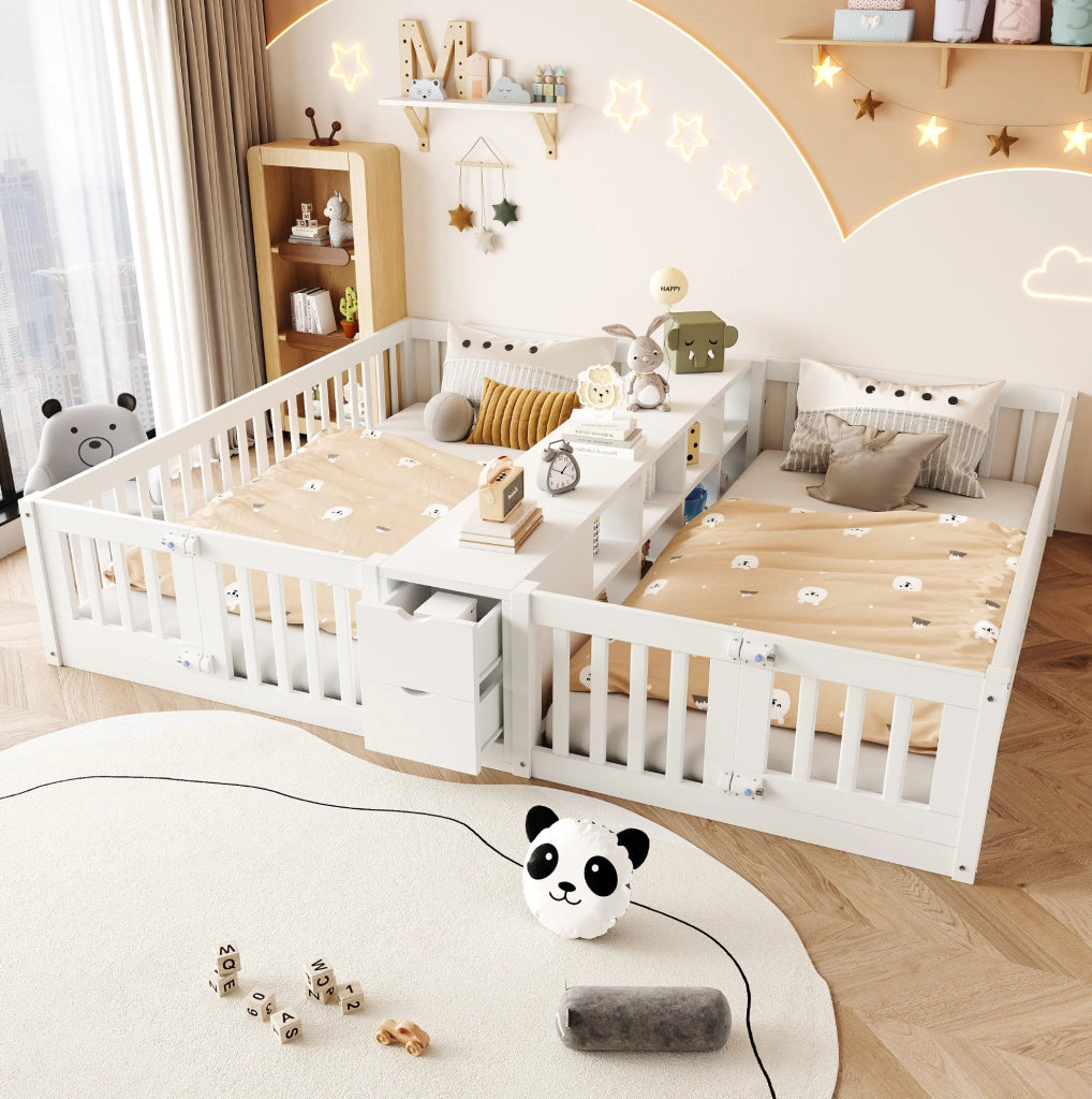 Letto a castello in legno 90x200 cm con cassetti e scaffali doppi, struttura robusta con sponde di sicurezza bianche per bambini