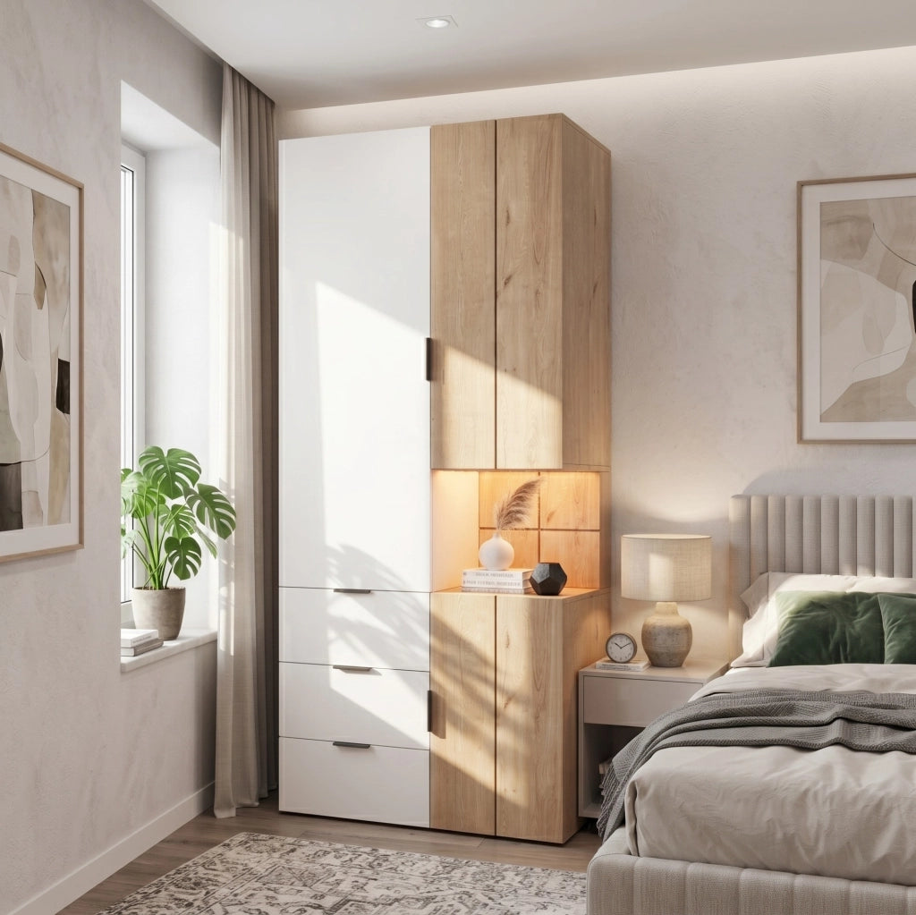 Armadio 90x49x200 cm bianco e rovere in MDF; 4 cassetti e luce LED