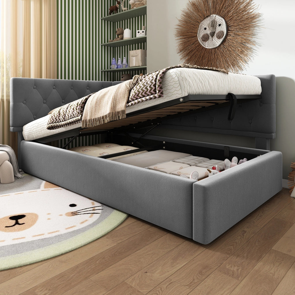 Letto singolo imbottito 90 × 200 cm con vano contenitore idraulico rete a doghe in legno velluto grigio