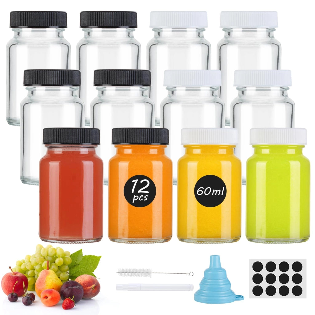 Set da 12 flaconi di vetro da 60 ml con tappo ed etichette, riutilizzabili