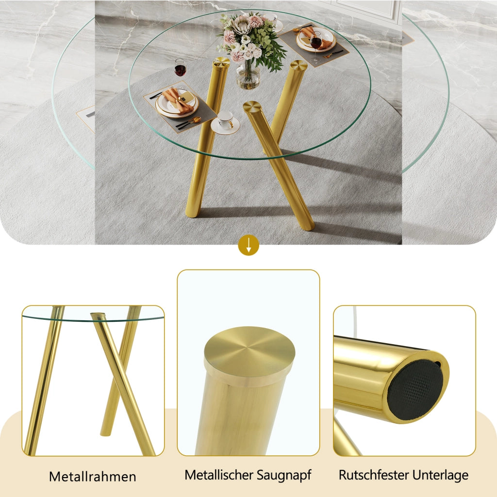 Tavolo da pranzo rotondo in vetro temperato con gambe in metallo color oro design per sala da pranzo